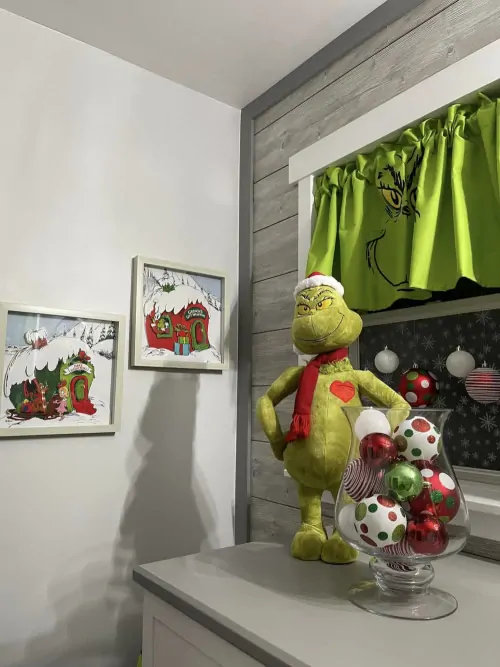 Grinch plush and window curtain